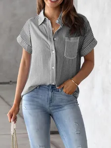 Camisa informal de rayas verticales para mujer con manga corta y botones estilo calle