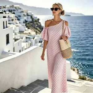 Elegant pink and white striped off-the-shoulder maxi dress for summer beach vacation