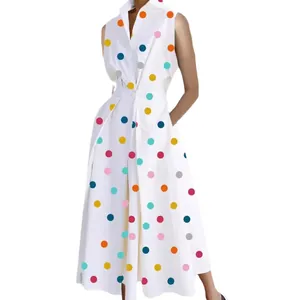 Sleeveless white V-neck dress with vibrant colorful polka dots and a stylish fishtail hemline.