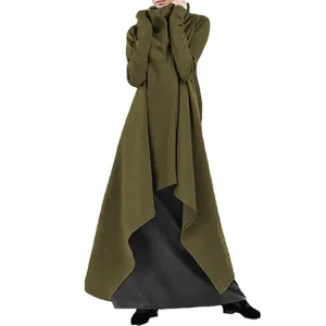 Olive green oversized turtleneck sweatshirt dress with unique asymmetrical hem design