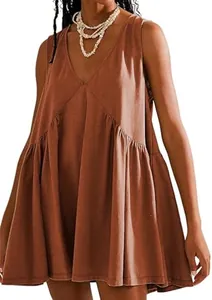 Detailed view of the sleeveless V-neck pleated tank dress in a stylish rust brown color