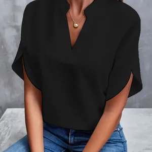 Summer casual solid color V-neck loose blouse with flutter sleeves for women