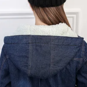 Rear close-up view of a hooded denim jacket featuring a thick white fleece lining