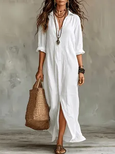 Elegantes weißes langes Boho-Hemdkleid für Damen mit Halbkragen und schöner Knopfleiste