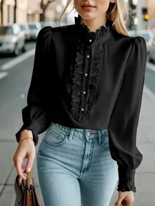 Elegant black long sleeve blouse with ruffles and pearl buttons for women.