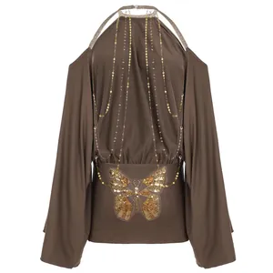 Sexy brown off-shoulder halter mini dress with batwing sleeves and sequin butterfly detail