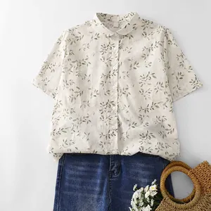 Women Casual Cotton Linen Peter Pan Collar Blouse Vintage Leaf Printed Short Sleeve Loose Button Down Shirt Summer Top