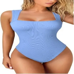 Close-up detail of a light blue U-neck sleeveless ribbed bodysuit for women's daily wear