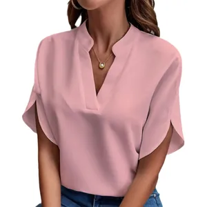 Elegant casual pink short-sleeve V-neck chiffon blouse for women's summer wardrobe