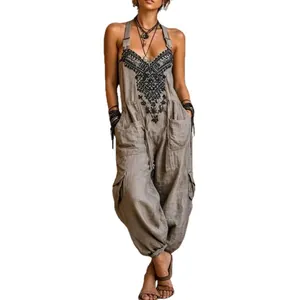 Women's V-neck sleeveless printed jumpsuit with bohemian style and casual fit