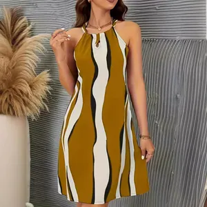 Élégante robe midi bohème sans manches à imprimé ondulé jaune et encolure goutte d'eau