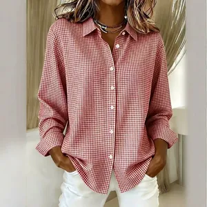 Women Plaid Long Sleeve Shirt Casual Lapel Button Down Cotton Linen Gingham Check Blouse Everyday Versatile Top