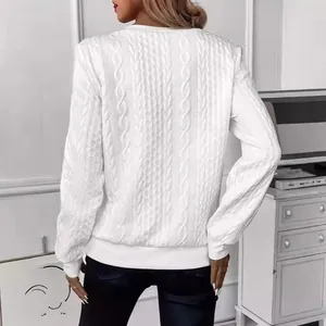 Classic casual white cable-knit textured long-sleeved sweatshirt for women shown from the back
