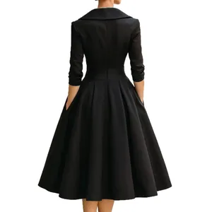Elegant black satin waisted midi dress with flared pleated skirt showing back view details