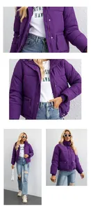 Vista compuesta de un plumífero corto morado con detalles y conjuntos completos de modelo