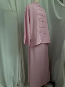 Pink linen-like neo-Chinese style two-piece set featuring long shirt and maxi skirt details