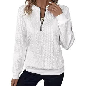 Elegant white women's sweatshirt featuring a cable knit texture and half-zipper collar