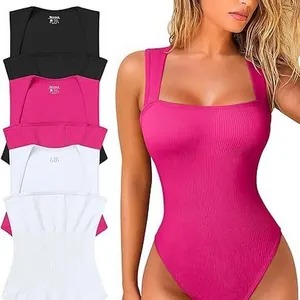 Women Sexy U Neck Sleeveless Bodysuit Ribbed Polyester Knit Slim Fit Tank Top Basic Solid Color One Piece Bodysuit Top