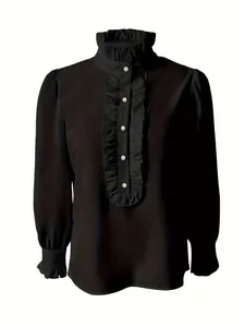 Detail view of black elegant long sleeve blouse with ruffle collar and pearl buttons