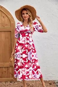 Fashionable floral print midi dress with V-neck and short sleeves, perfect for summer style