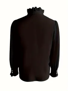 Back view of an elegant black ruffled collar long sleeve blouse with decorative pearl buttons