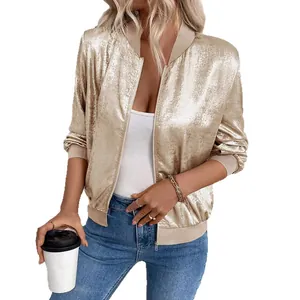 Veste aviateur cintrée pour femme en champagne métallisé pour la mode du printemps et de l'automne