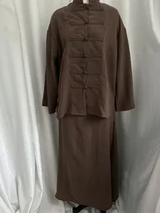 Brown linen-like two-piece set featuring traditional Chinese knot button shirt and skirt