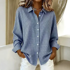 Classic women's blue gingham checkered long sleeve lapel shirt in a casual style