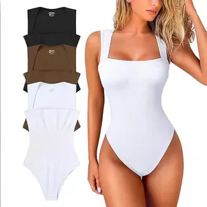 Women's sleeveless U-neck ribbed bodysuit in multiple colors with a slim fit design