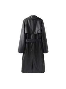 Classic black belted midi length faux leather trench coat featuring back storm flap detail
