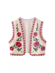 Chaleco Bordado de Moda para Mujer Top Casual sin Mangas Estampado Floral Cuello en V Chaleco Corto para Primavera Verano