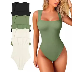 Women's square neck sleeveless ribbed bodysuit slim fit leotard top in multiple colors