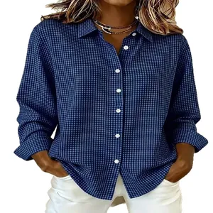 Stylish women's blue gingham plaid long-sleeve button-down shirt with a classic lapel collar.