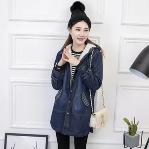 Women's mid-length hooded denim parka with warm white fleece lining for winter wear.