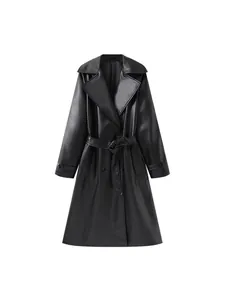 Elegant black faux leather trench coat with waist belt and lapel collar for women.