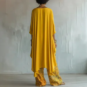 Loose yellow tunic top and patterned wide-leg pants casual two-piece set for women