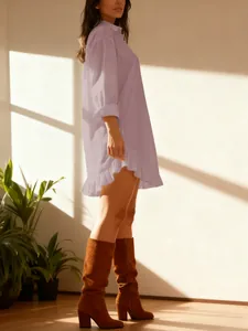 Elegant lavender long-sleeved ruffled hem shirt dress for women, stylish everyday casual wear