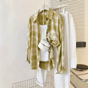 Stylish yellow and white plaid chiffon sun protection shirt for casual summer wear