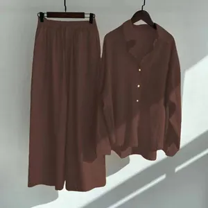 Women's casual 2-piece set featuring a brown cotton linen shirt and wide-leg trousers