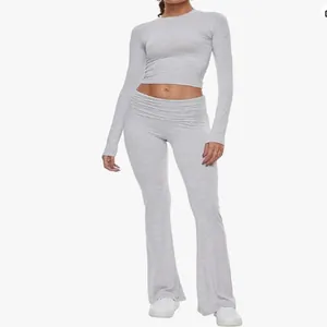 Stylish grey round neck long sleeve crop top and low waist flare pants lounge set