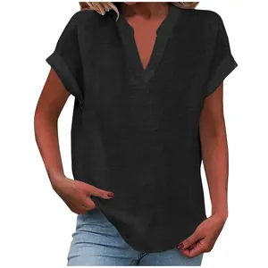 Front view of a black V-neck short sleeve blouse with a textured linen-like fabric finish.