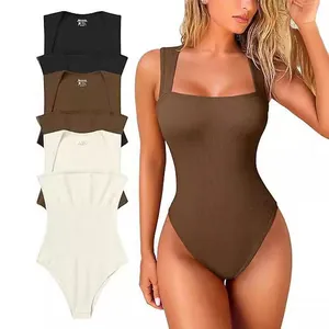 Elegant ribbed U-neck sleeveless bodysuit for women in black, brown and cream white