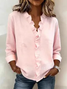 Women's pink ruffle trim long sleeve cotton shirt, elegant V-neck design for spring