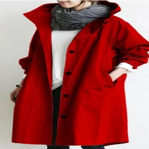 Details zum leuchtend roten Trenchcoat mit Kapuze für Damen im lässigen Button-up-Stil