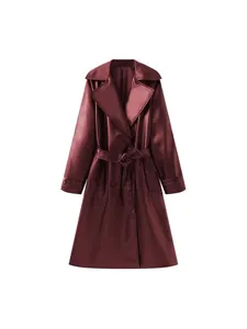 Elegant burgundy mid-length faux leather trench coat with waist belt and lapels