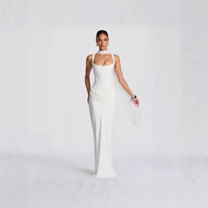 Elegant white fishbone corset maxi dress with bodycon fit and sheer neck scarf accessory