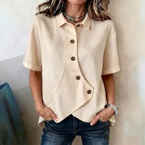 Casual beige short sleeve shirt for women featuring a unique asymmetrical button front
