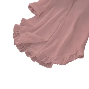 Close-up of elegant mauve long-sleeve blouse with stylish ruffle hem detail