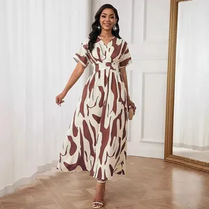 Women's chic V-neck waist-cinching long dress with brown abstract print