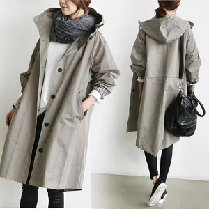 Detailansichten von vorne und hinten eines mittellangen khakifarbenen Trenchcoats mit Kapuze